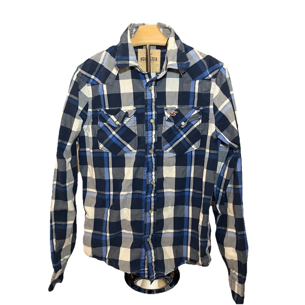 Hollister‎ Surfer Cut Pearl Snap Shirt Mens Medium Blue Plaid Western Surfer